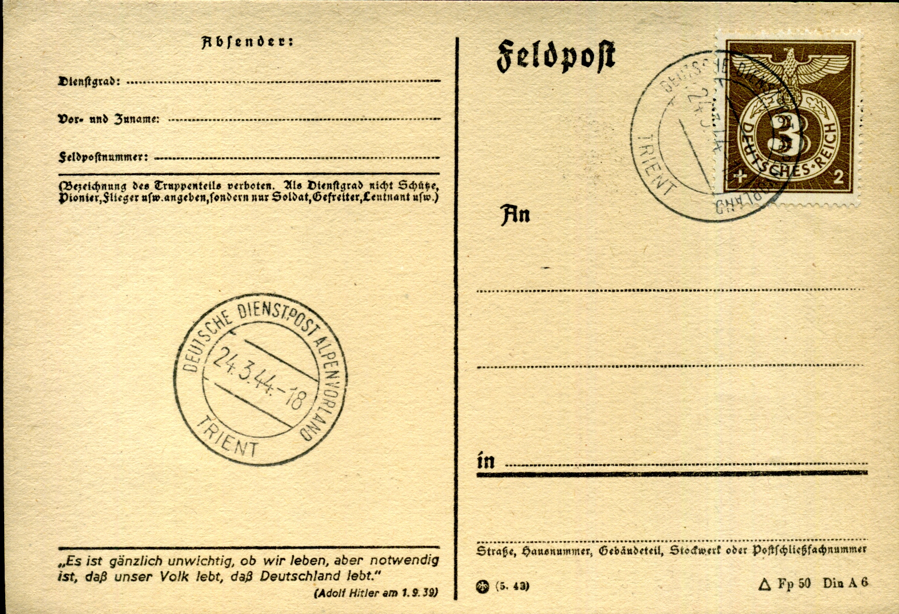 Beleg der Deutschen Dienstpost