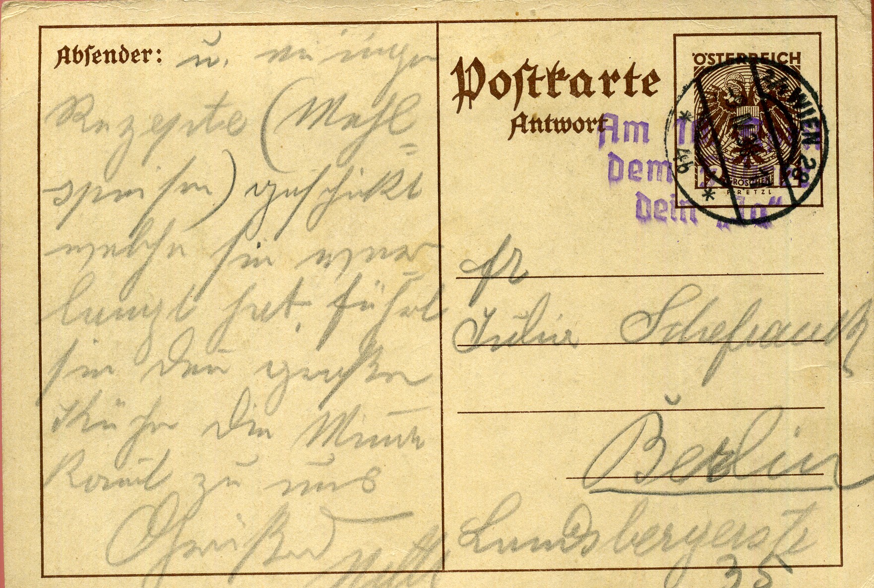 Am 10. April dem Führer Dein Ja - Handstempel - violett - Wien