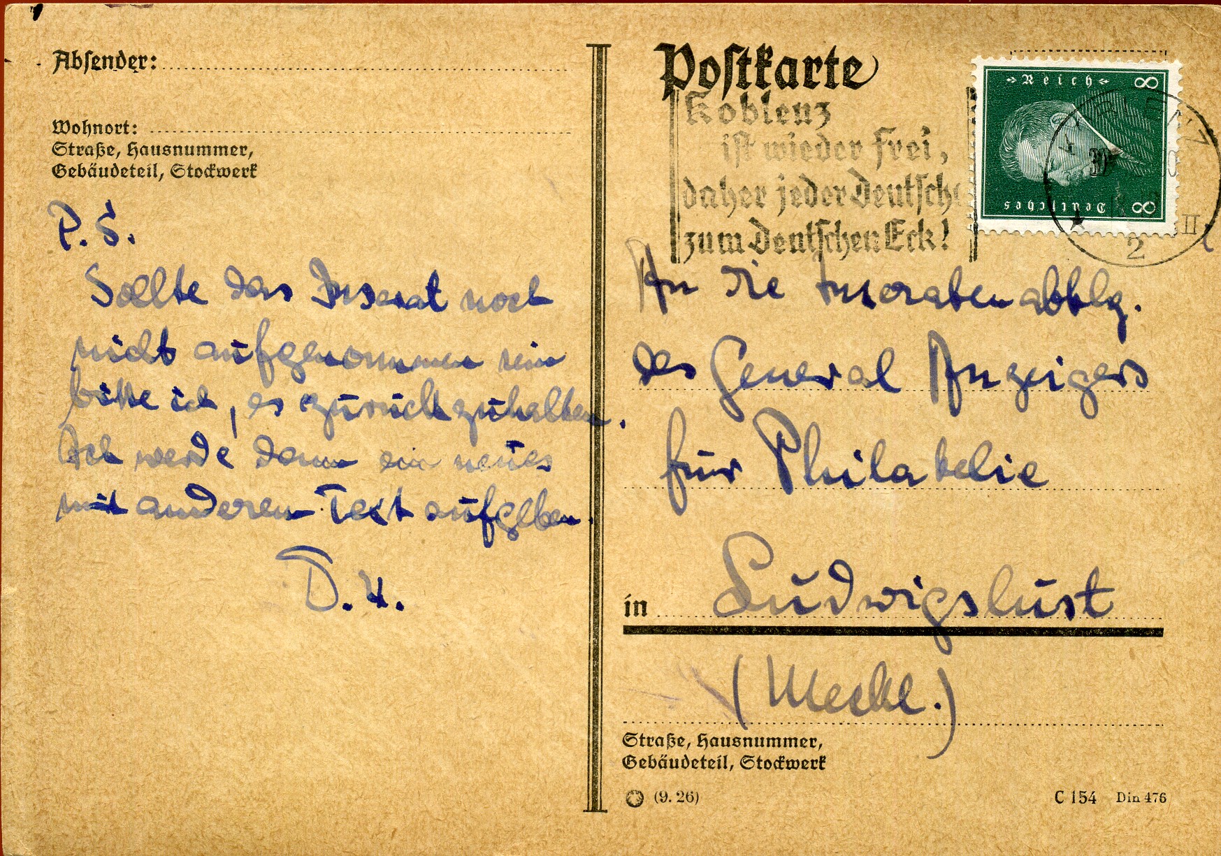 Koblenz ist wieder frei, daher jeder Deutsche zum Deutschen Eck! - Maschinenwerbestempel - Koblenz