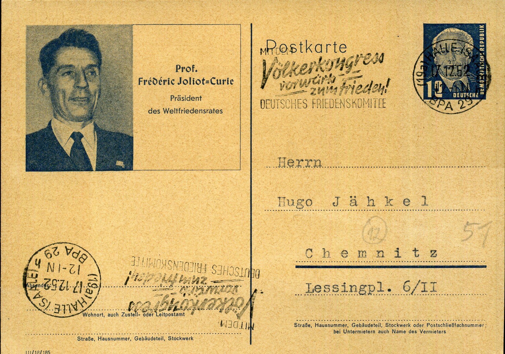 Mit dem Völkerkongress vorwärts zum Frieden! Deutsches Friedenskomitee - Maschinenwerbestempel - Halle (Saale)