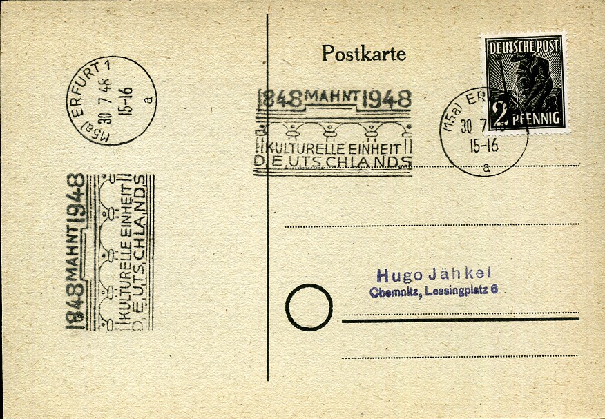 1848 mahnt 1948 Kulturelle Einheit Deutschlands - Maschinenwerbestempel - Erfurt