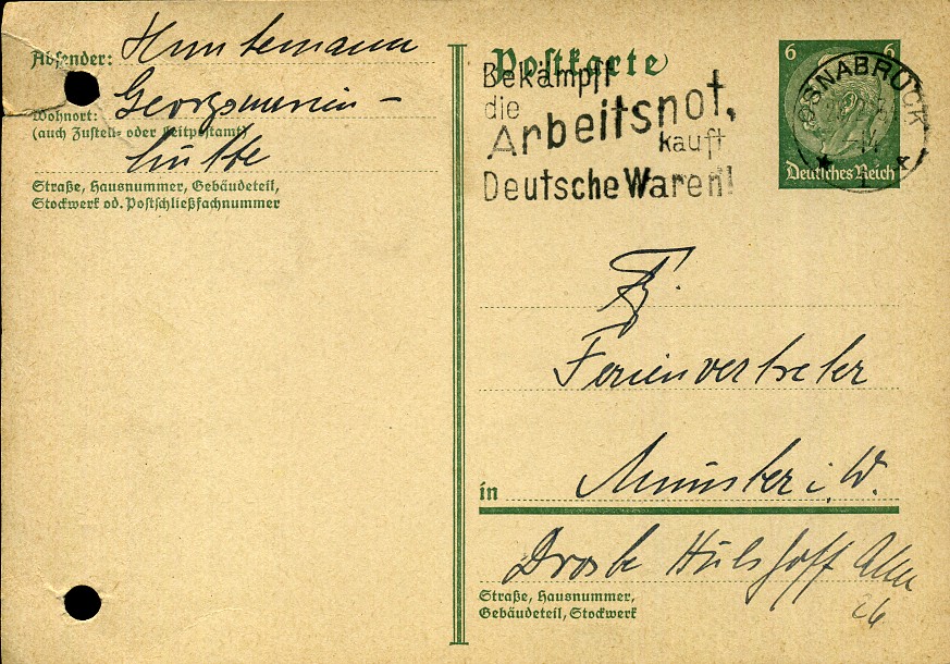 Bekämpft die Arbeitsnot kauft Deutsche Waren! - Maschinenwerbestempel - Osnabrück