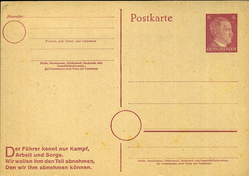 Der Führer kennt nur Kampf, Arbeit und Sorge. Wir wollen ihm den Teil abnehmen, Den wir ihm abnehmen können. - Eindruck - Ganzsache