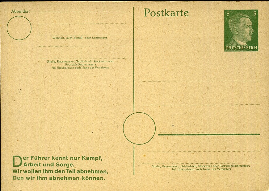 Der Führer kennt nur Kampf, Arbeit und Sorge. Wir wollen ihm den Teil abnehmen, Den wir ihm abnehmen können. - Eindruck - Ganzsache
