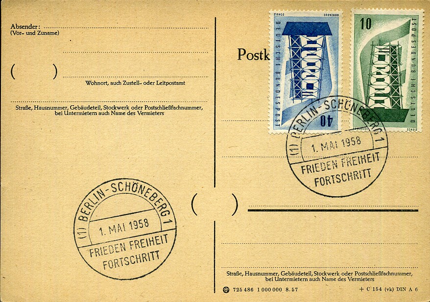1. Mai 1958 Frieden Freiheit Fortschritt - Sonderstempel - Berlin-Schöneberg