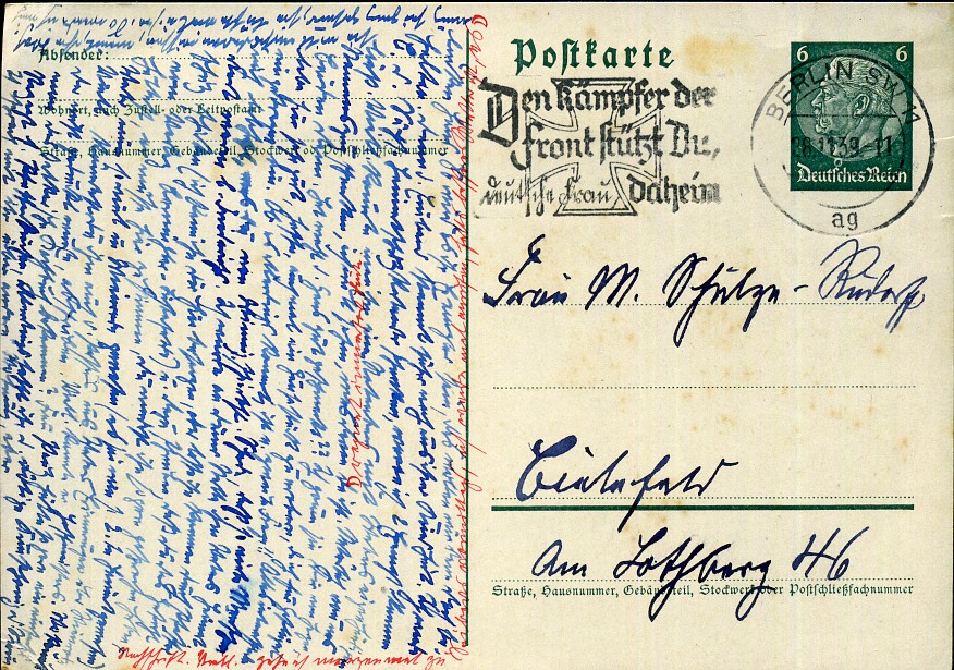 Den Kämpfer der Front stützt Du, deutsche Frau, daheim - Maschinenwerbestempel - Berlin SW 11