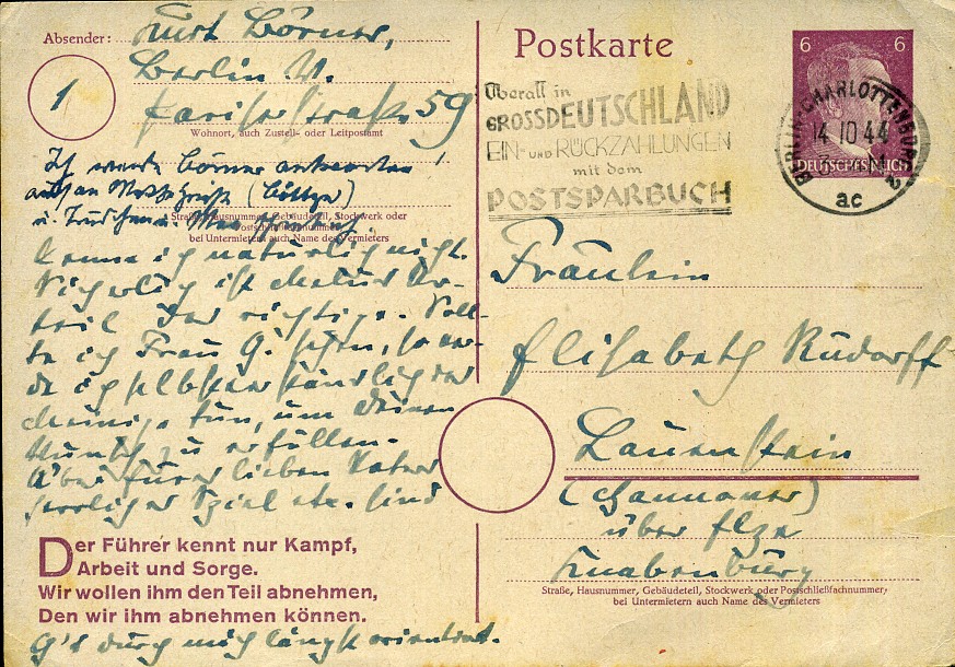 Der Führer kennt nur Kampf, Arbeit und Sorge. Wir wollen ihm den Teil abnehmen, Den wir ihm abnehmen können. - Eindruck - Ganzsache