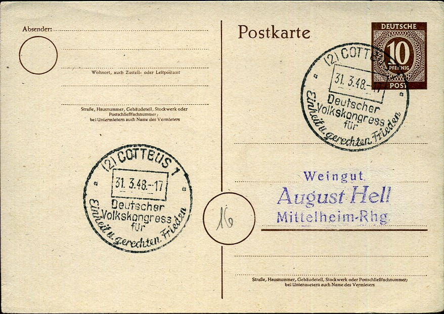 Deutscher Volkskongress für Einheit und gerechten Frieden - Handwerbestempel - Cottbus