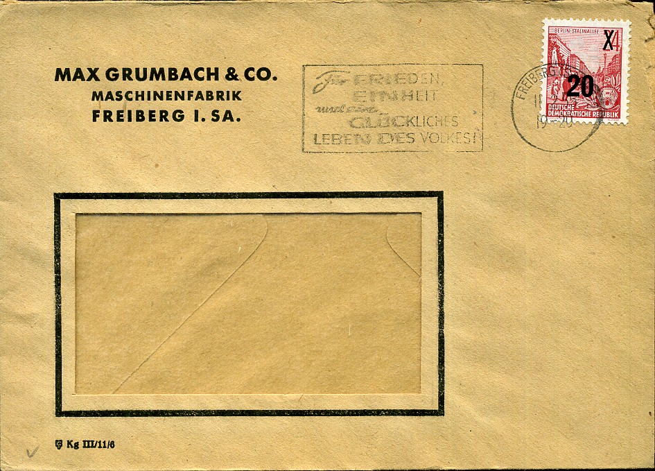 Für Frieden, Einheit und ein glückliches Leben des Volkes! - Maschinenwerbestempel - Freiberg (Sachs)