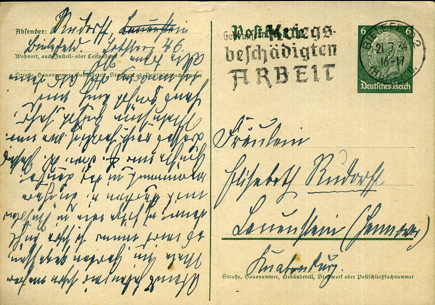 Gebt unseren Kriegsbeschädigten ARBEIT - Maschinenwerbestempel - Bielefeld