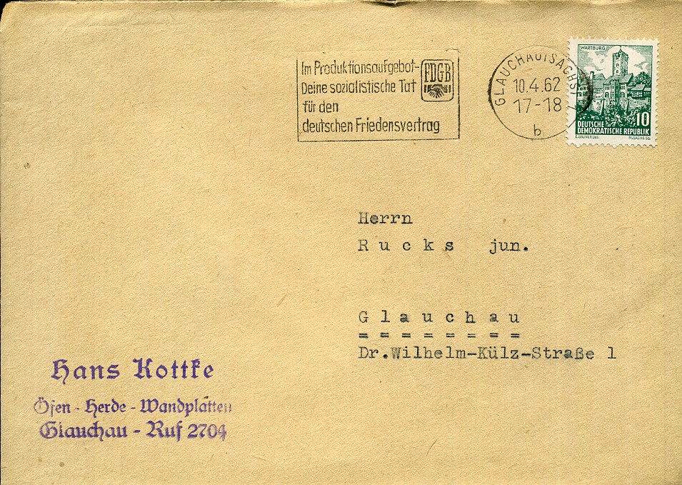 Im Produktionsaufgebot - Deine sozialistische Tat für den deutschen Friedensvertrag - Maschinenwerbestempel - Glauchau