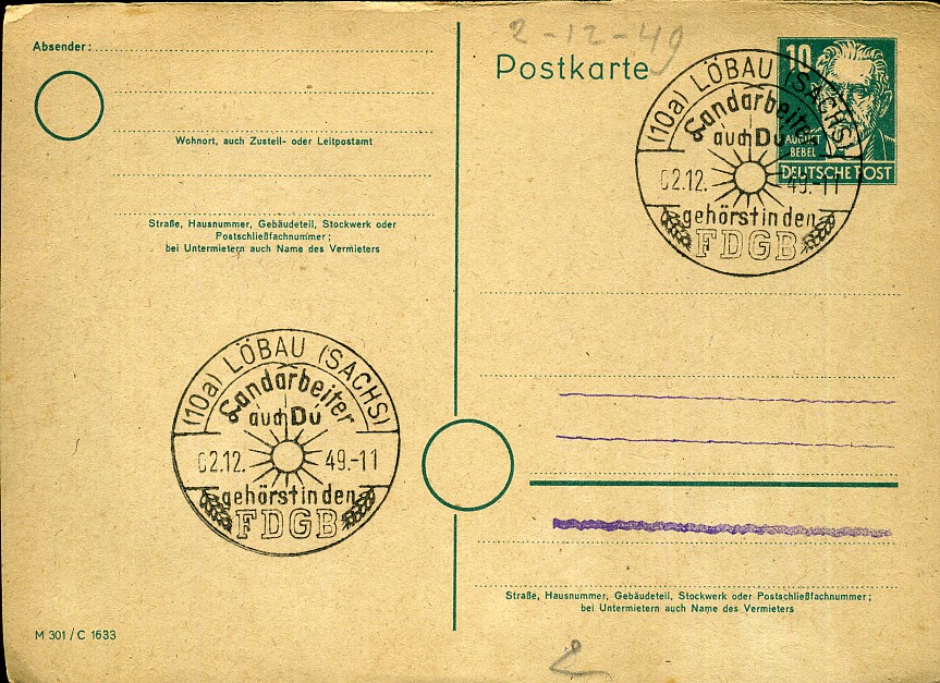 Landarbeiter auch Du gehörst in den FDGB - Handwerbestempel - Löbau