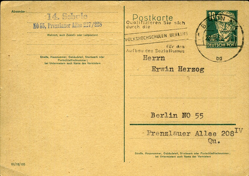 Qualifizieren Sie sich durch die Volkshochschulen Berlins für den Aufbau des Sozialismus - Maschinenwerbestempel - Berlin N 14