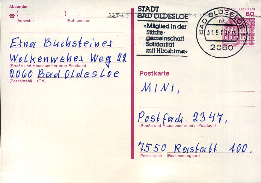 Stadt Bad Oldesloe Mitglied in der Städtegemeinschaft Solidarität mit Hiroshima - Maschinenwerbestempel - Bad Oldesloe