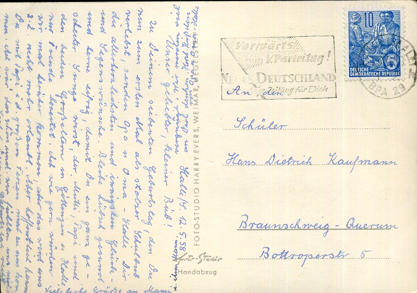 Vorwärts zum V. Parteitag! Neues Deutschland - Maschinenwerbestempel - Halle (Saale)