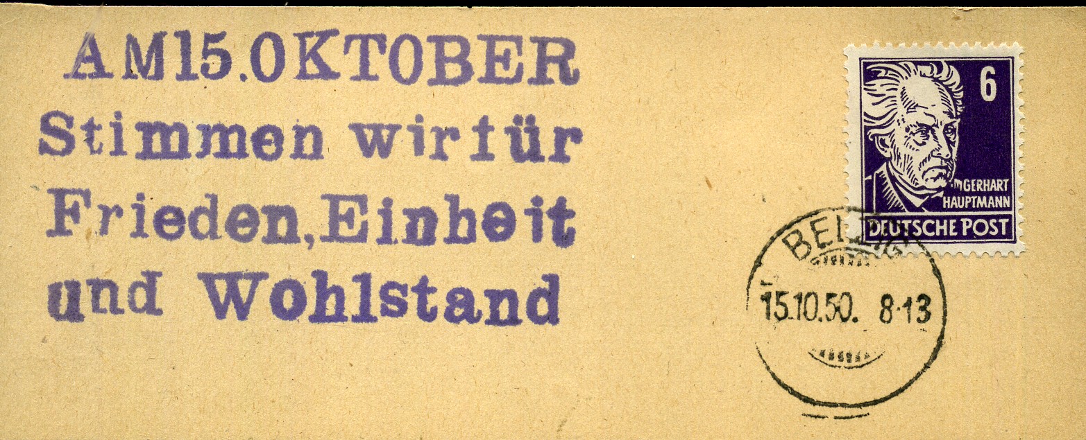 Am 15 Oktober Stimmen wir für Frieden, Einheit und Wohlstand - Handstempel - violett - BELZIG