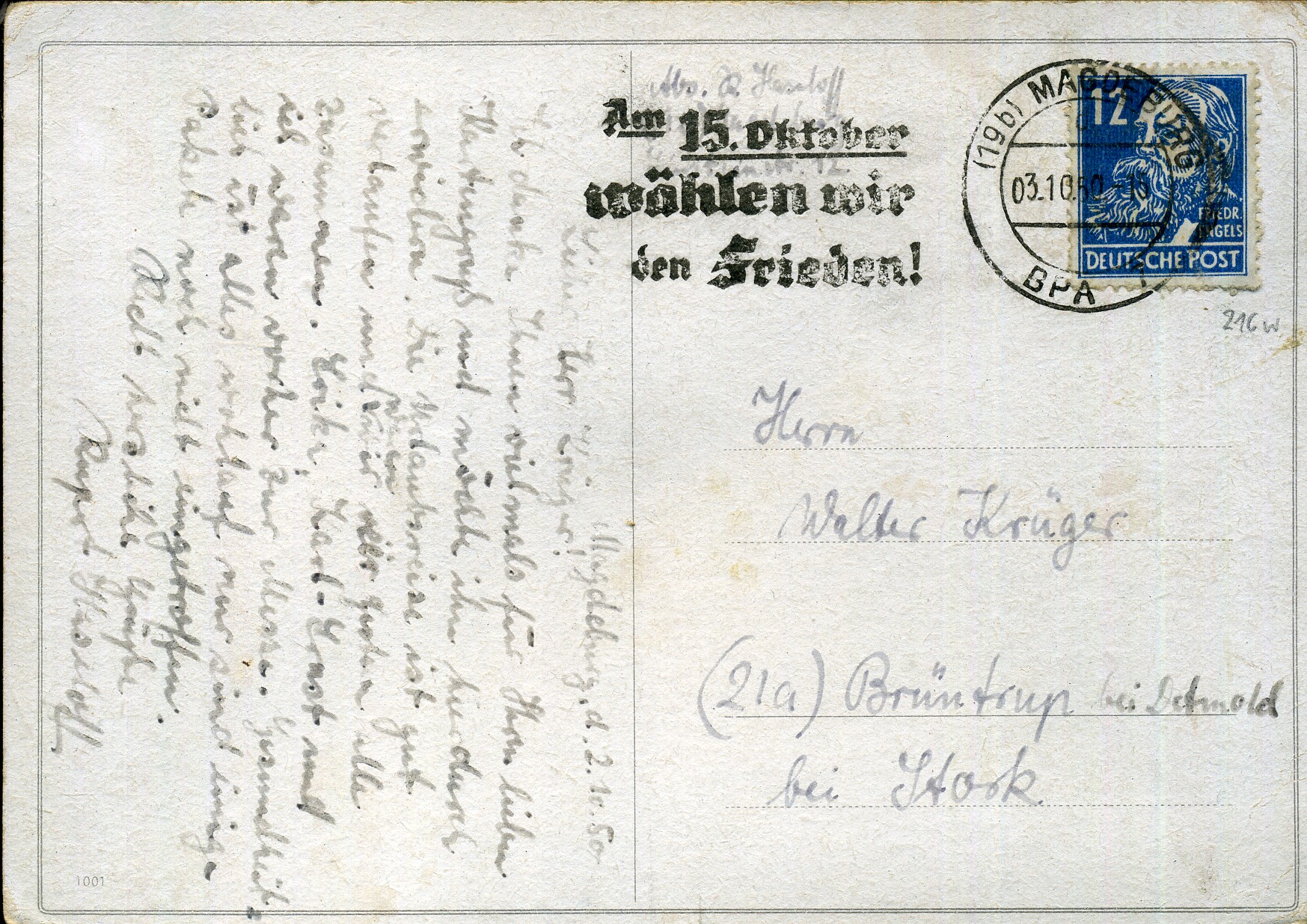 Am 15. Oktober wählen wir den Frieden! - Maschinenwerbestempel - Magdeburg BPA