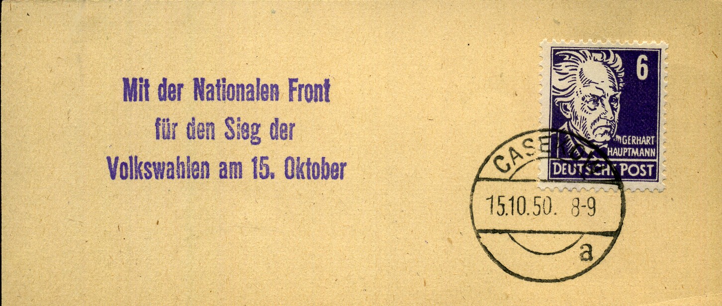 Mit der Nationalen Front für den Sieg der Volkswahlen am 15. Oktober - Handstempel - violett - Casekow