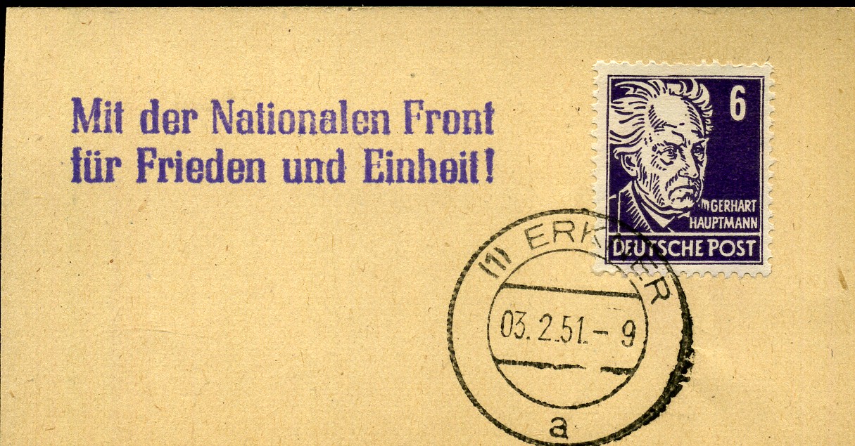 Mit der Nationalen Front für Frieden und Einheit! - Handstempel - violett - Erkner