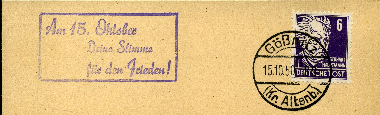 Am 15. Oktober Deine Stimme für den Frieden! - Handstempel - violett - Gößnitz