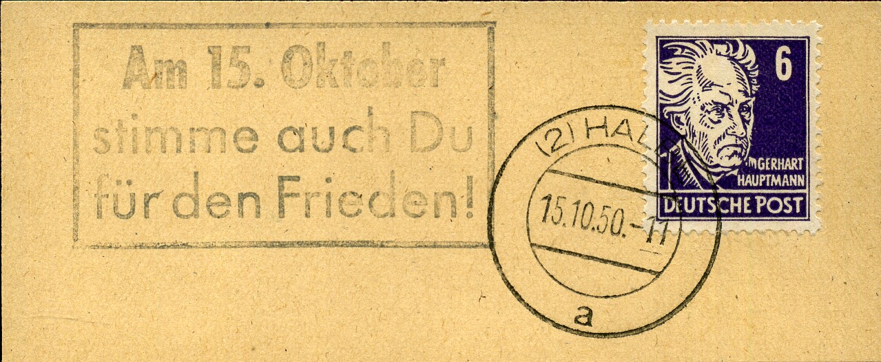 Am 15. Oktober stimme auch Du für den Frieden! - Handstempel - schwarz - Halbe