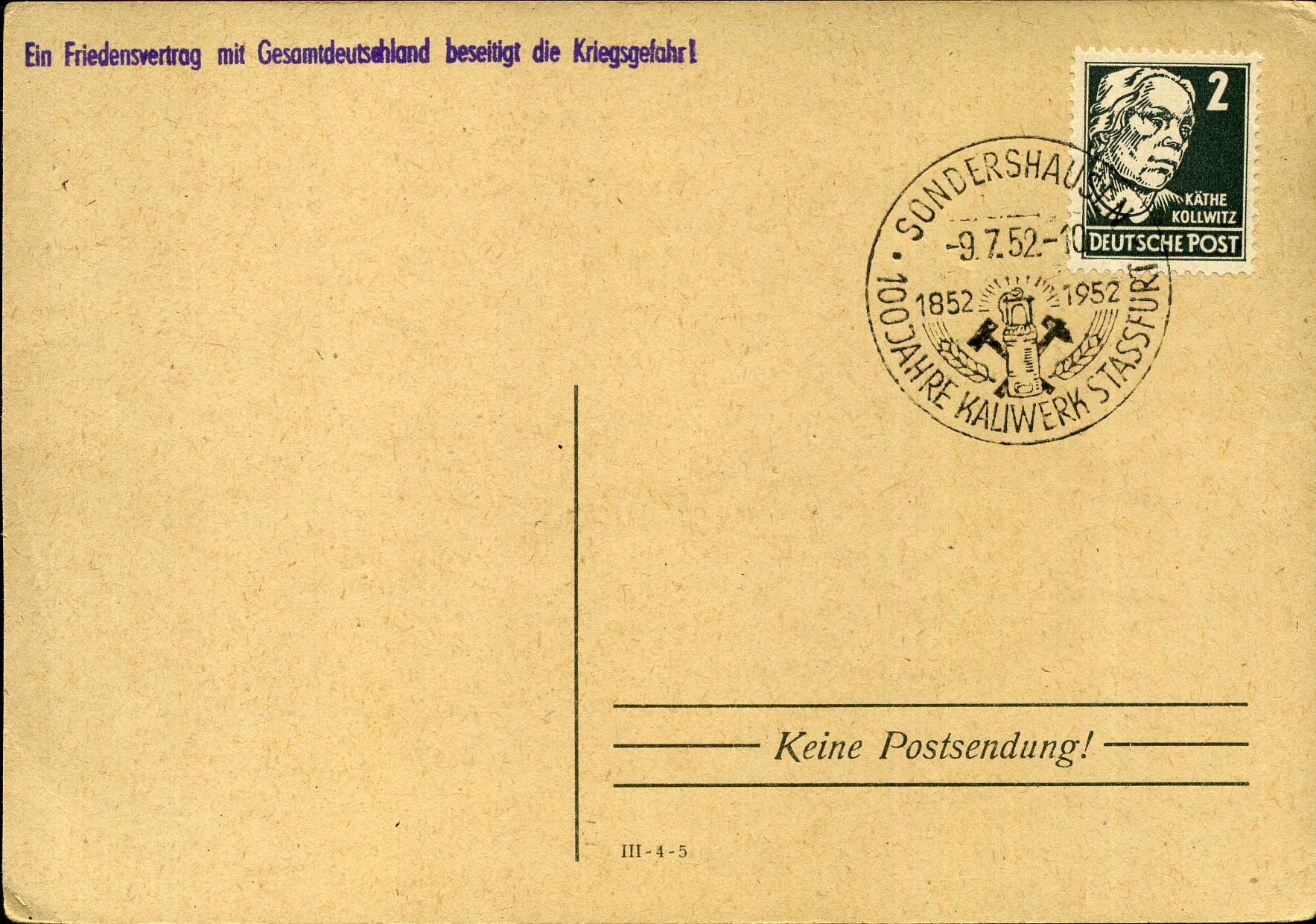 Ein Friedensvertrag mit Gesamtdeutschland beseitigt die Kriegsgefahr! - Handstempel - violett - Sonderhausen