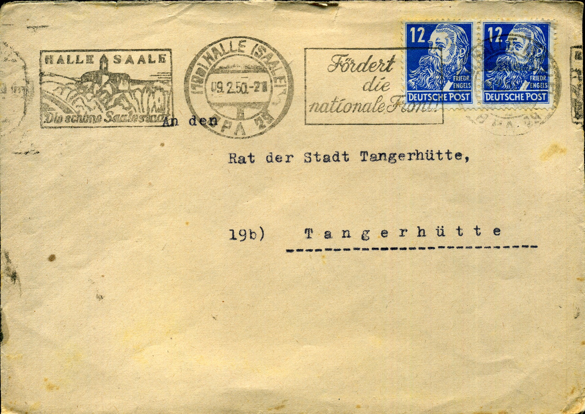 Fördert die nationale Front! - Maschinenwerbestempel - Halle (Saale)