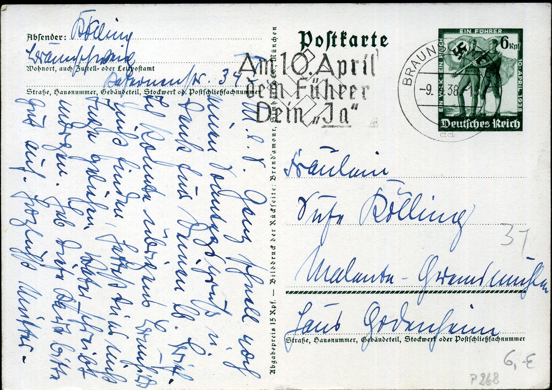 Am 10. April dem Führer Dein Ja - Maschinenwerbestempel - Braunschweig