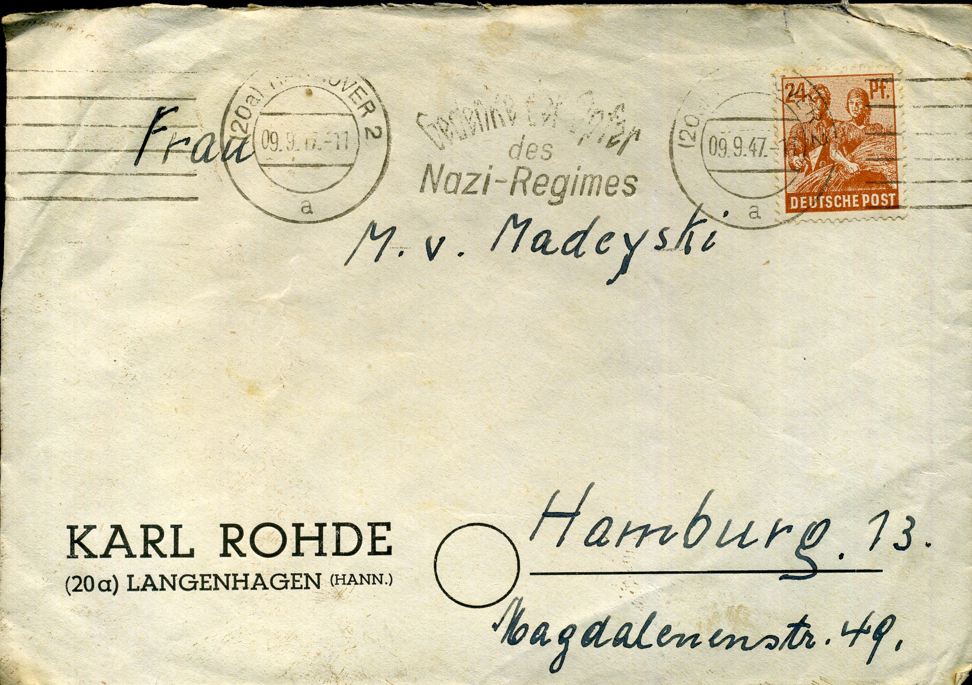 Gedenke der Opfer des Nazi-Regimes - Maschinenwerbestempel - Hannover