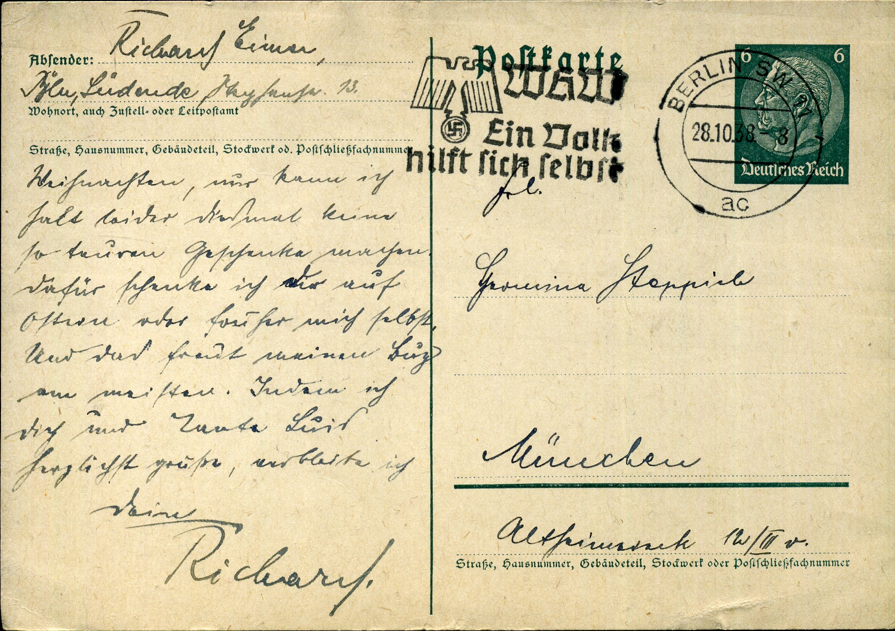 WHW Ein Volk hilft sich selbst - Maschinenwerbestempel - Berlin