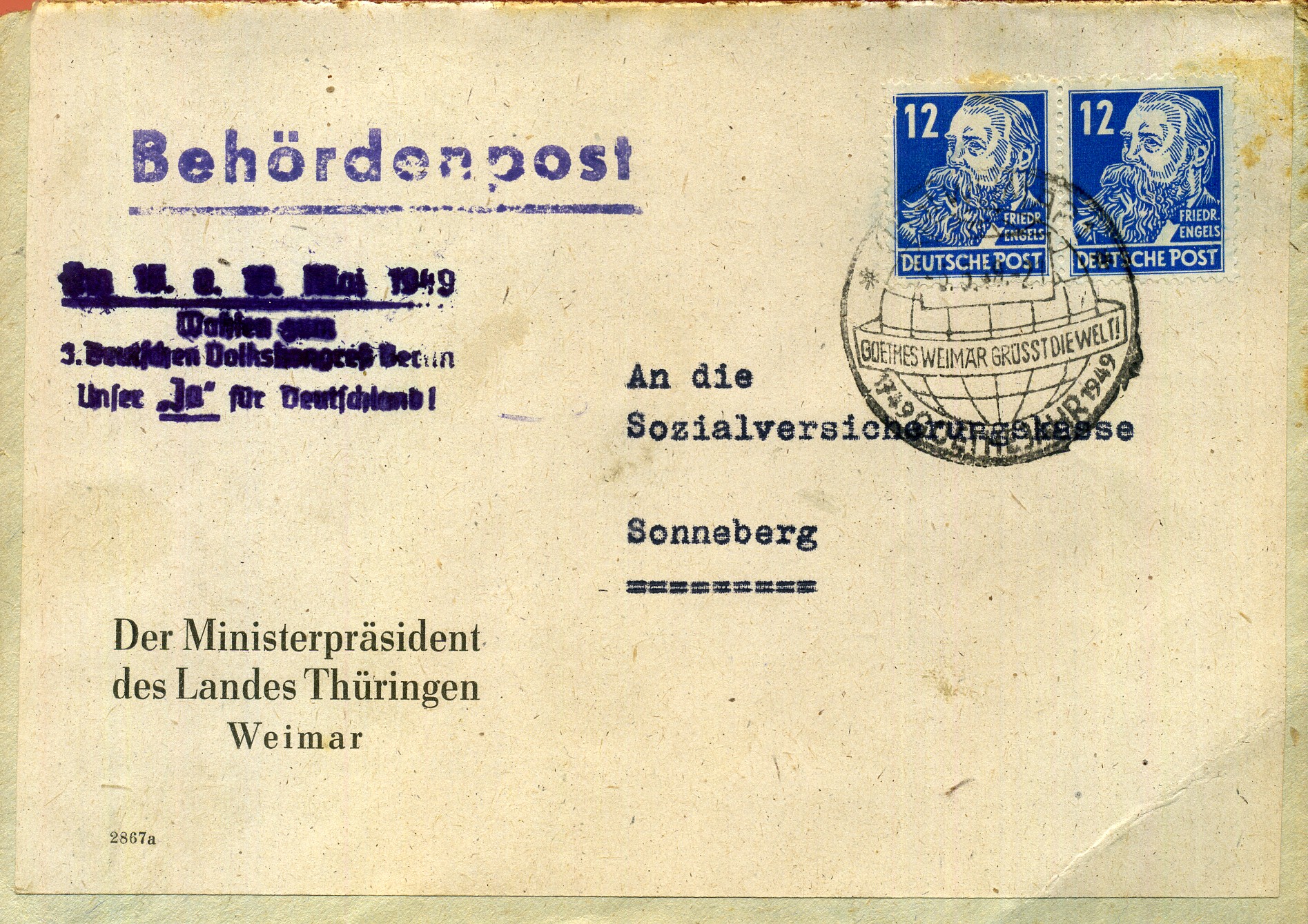 Am 15. u. 16. Mai 1949 Wahlen zum 3. Deutschen Volkskongreß Berlin Unser Ja für Deutschland - Handstempel - violett - Weimar