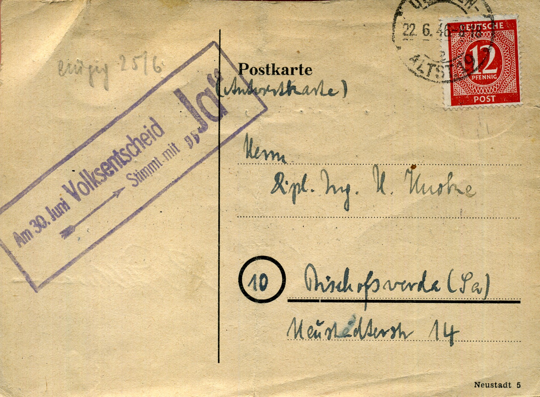 Am 30. Juni Volksentscheid - stimmt mit Ja - Handstempel - violett - Dresden-Altstadt