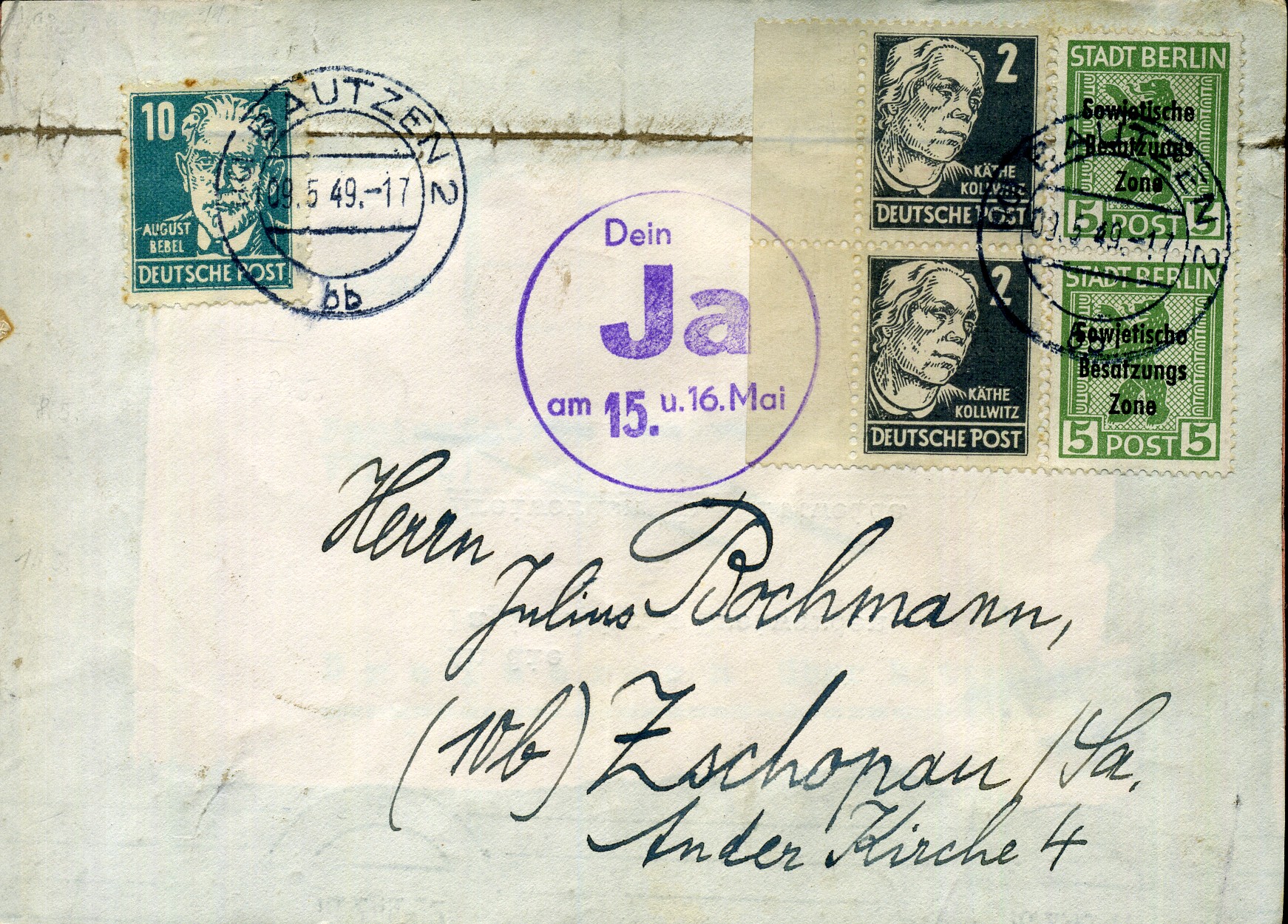 Dein Ja am 15. u. 16. Mai - Handstempel - violett - Bautzen