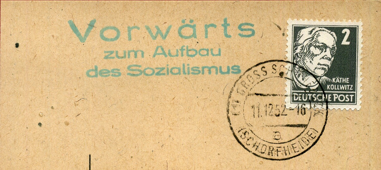 Vorwärts zum Aufbau des Sozialismus - Handstempel - grün - Groß Schönebeck
