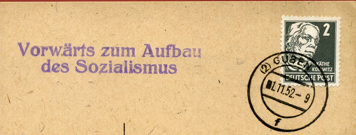 Vorwärts zum Aufbau des Sozialismus - Handstempel - violett - Guben