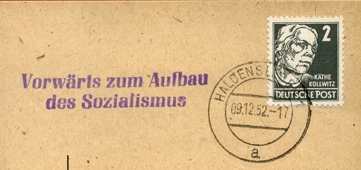 Vorwärts zum Aufbau des Sozialismus - Handstempel - violett - Haldensleben