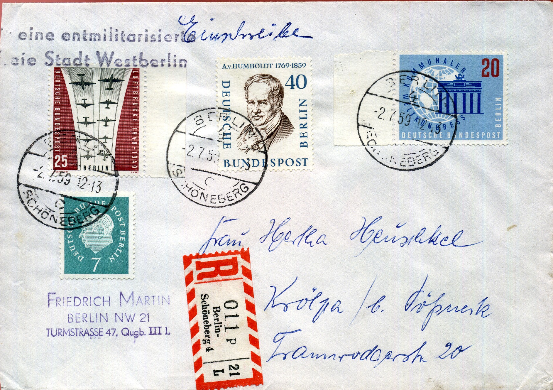 Für eine entmilitarisierte Freie Stadt Westberlin - Handstempel - violett - zweizeilig - Berlin