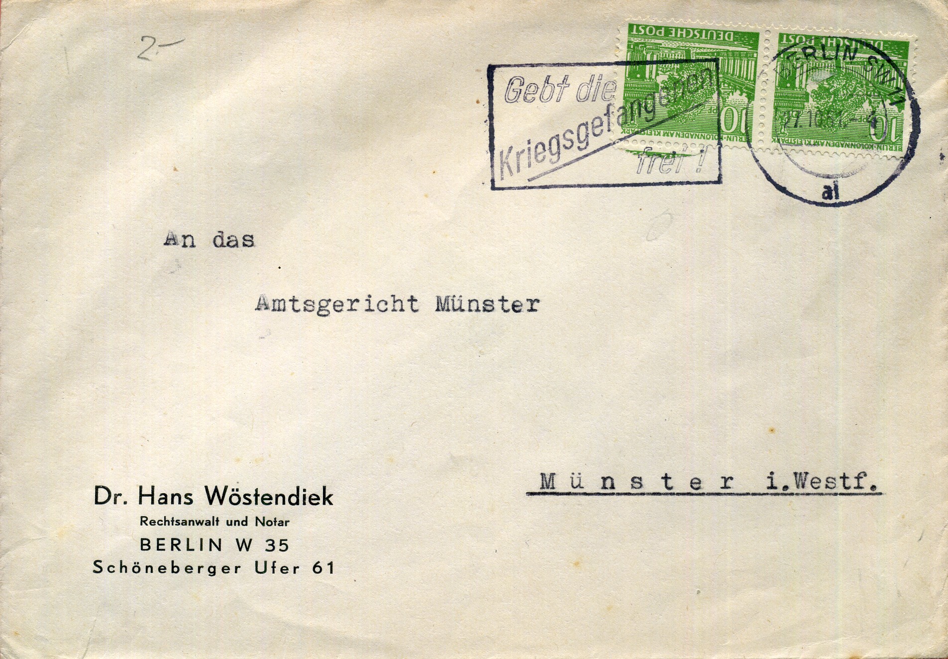 Gebt die Kriegsgefangenen frei! - Maschinenwerbestempel - Berlin SW 11