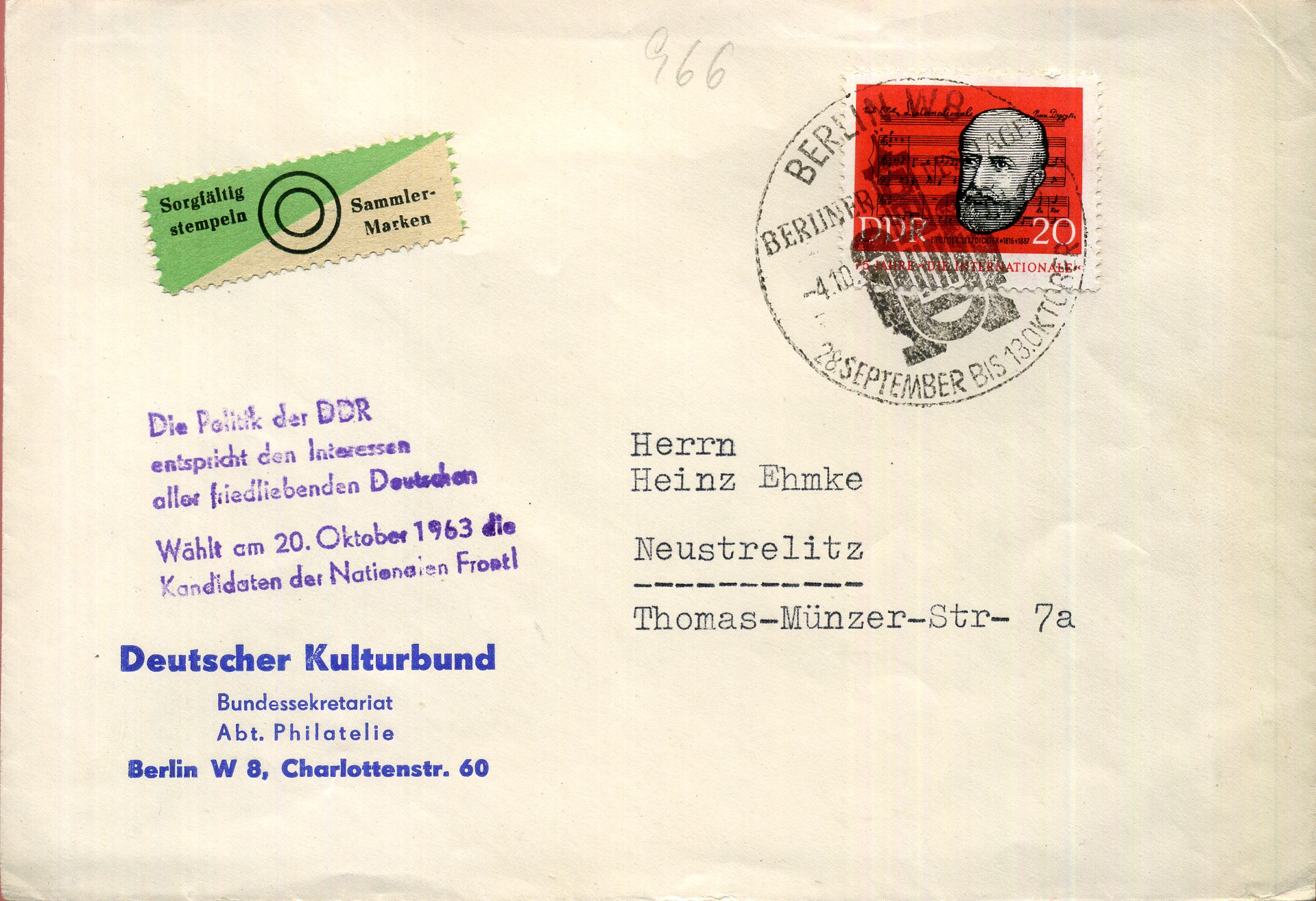 Die Politik der DDR entspricht den Interessen aller friedliebenden Deutschen. Wählt am 20. Oktober 1963 die Kandidaten der Nationalen Front! - Handstempel - violett - Berlin W8