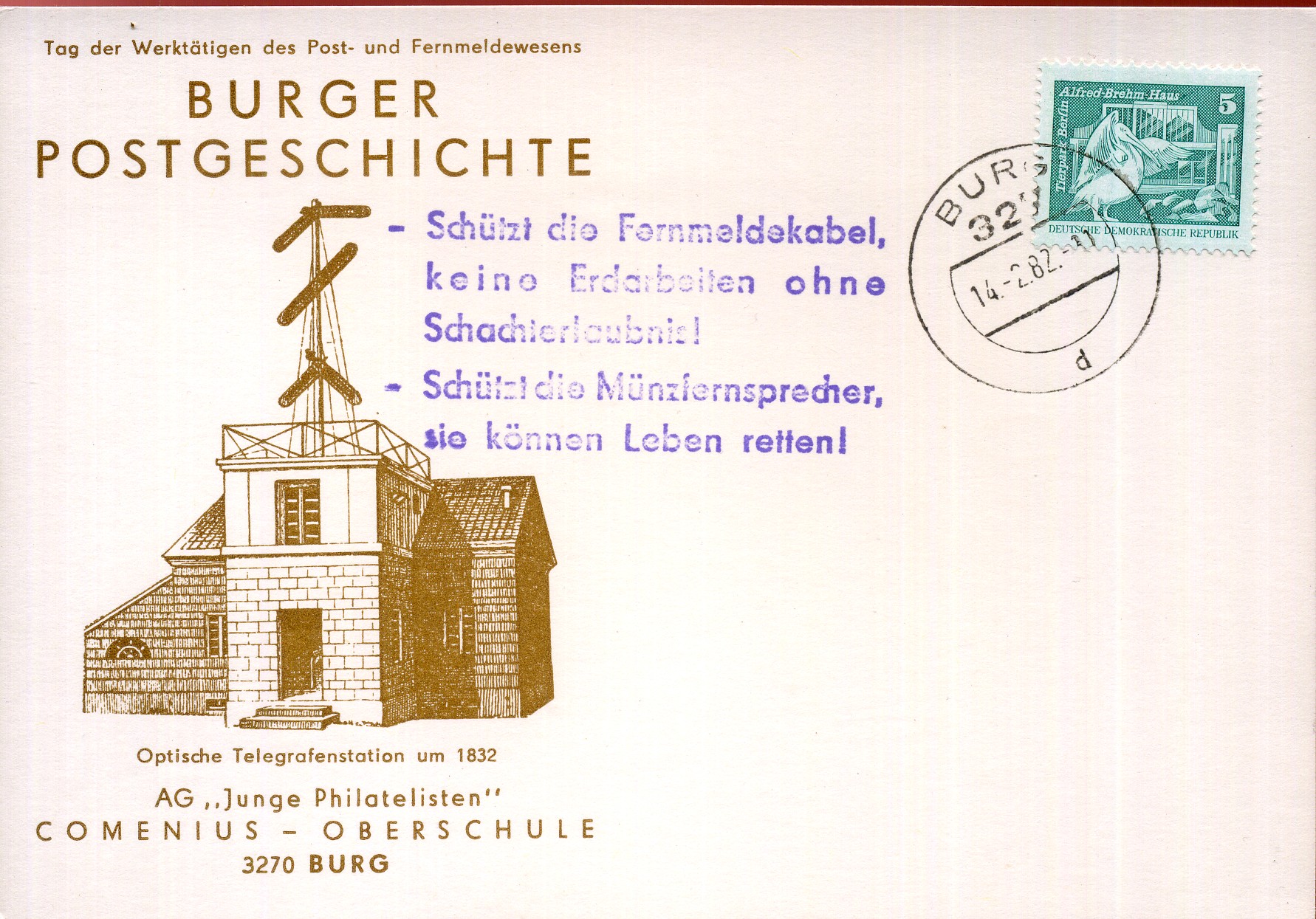 - Schützt die Fernmeldekabel, keine Erdarbeiten ohne Schachterlaubnis! - Schützt die Münzfernsprecher, sie können Leben retten! - Handstempel - violett - Burg