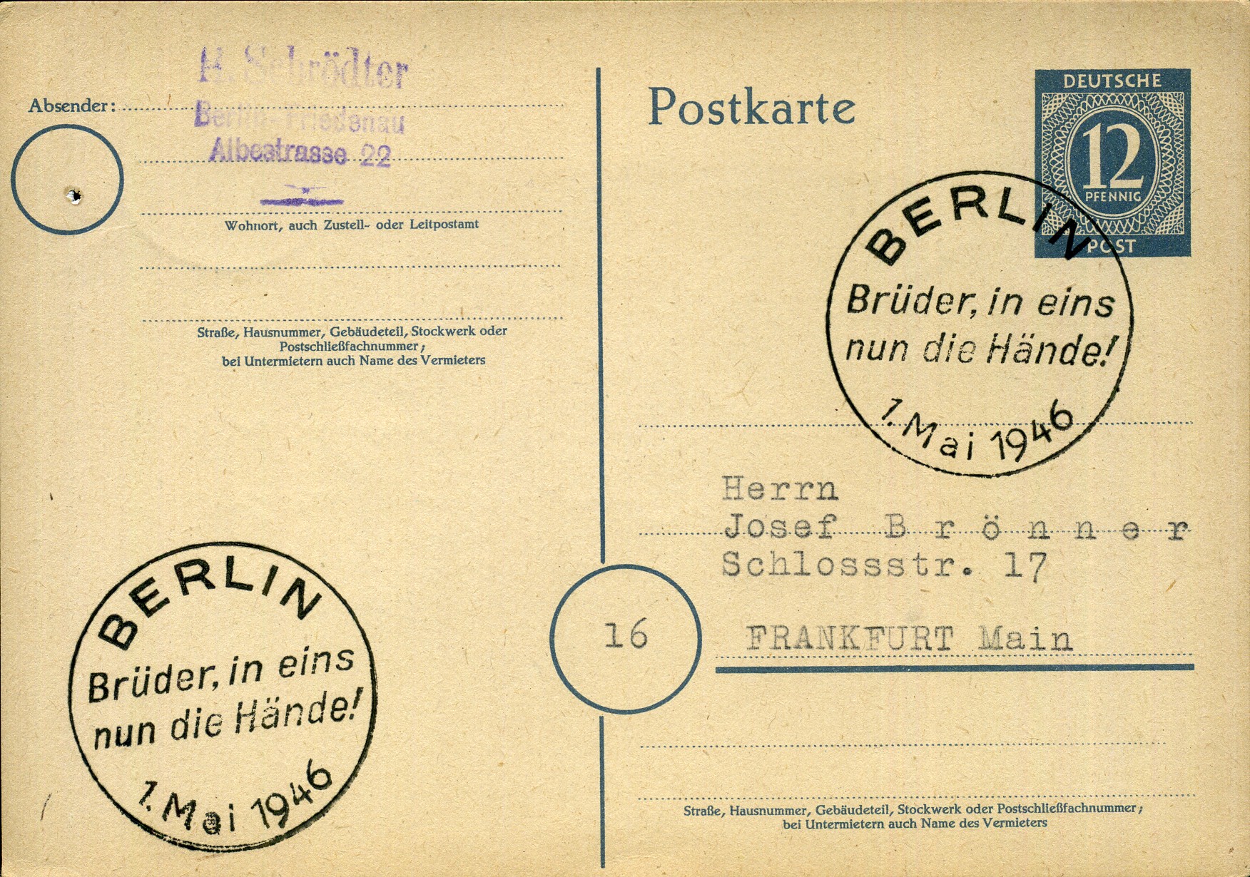 Brüder, in eins nun die Hände! - Handwerbestempel - Berlin