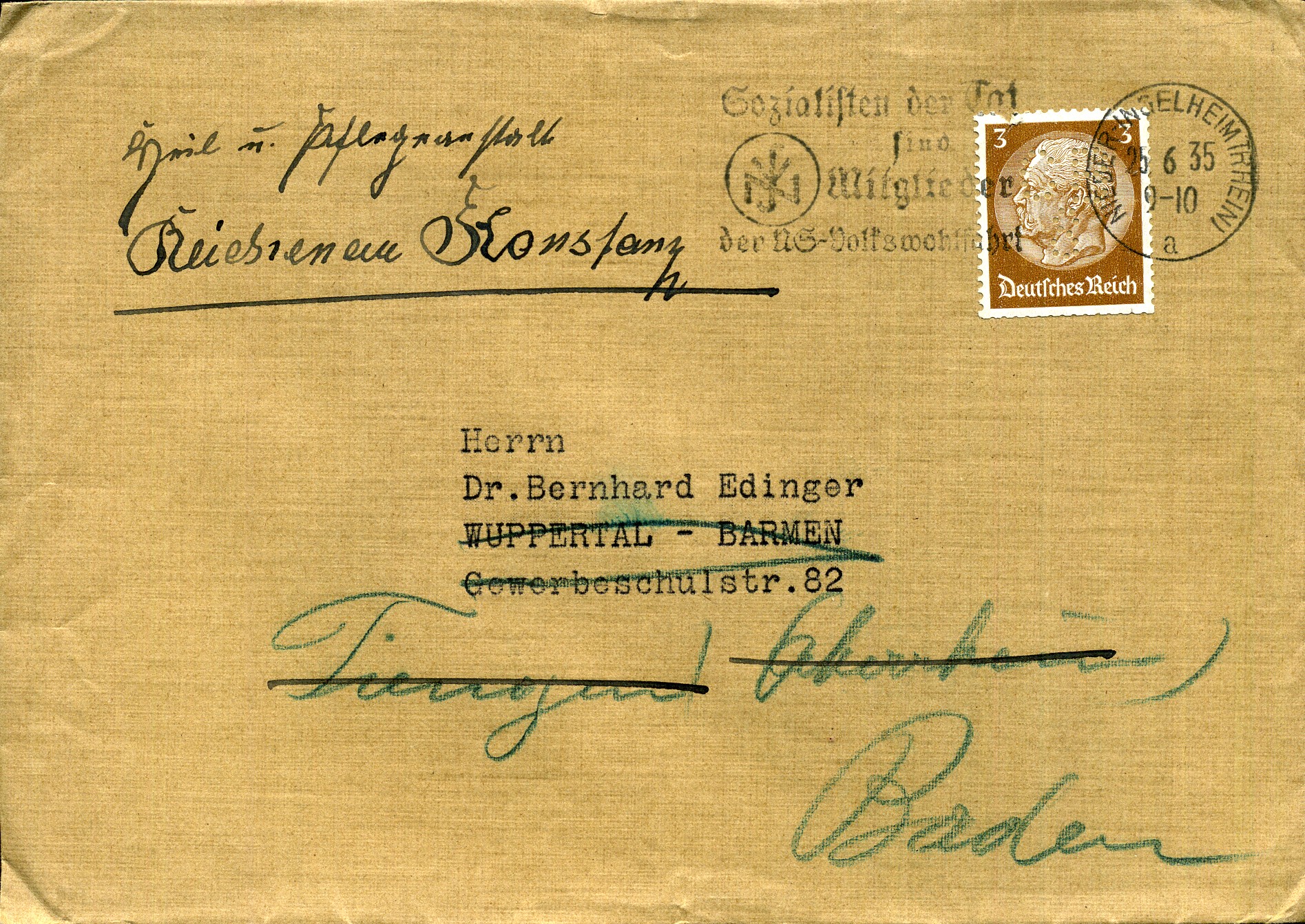 Sozialisten der Tat sind Mitglieder der NS-Volkswohlfahrt! - Maschinenwerbestempel - Nieder-Ingelheim