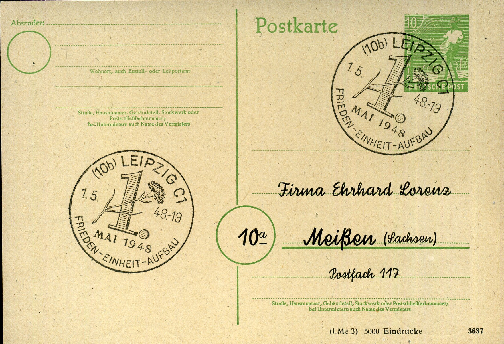 1. Mai 1948 Frieden - Einheit - Aufbau - Handwerbestempel - Leipzig C1