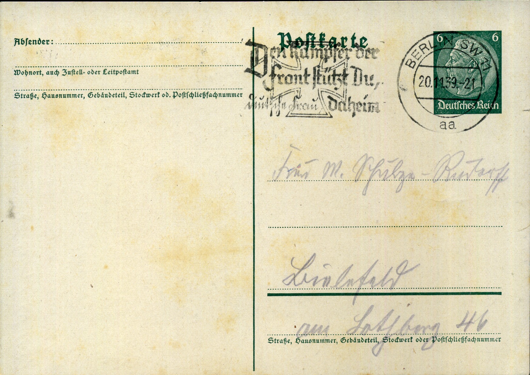 Den Kämpfer der Front stützt Du, Deutsche Frau, daheim - Maschinenwerbestempel - Berlin SW 11