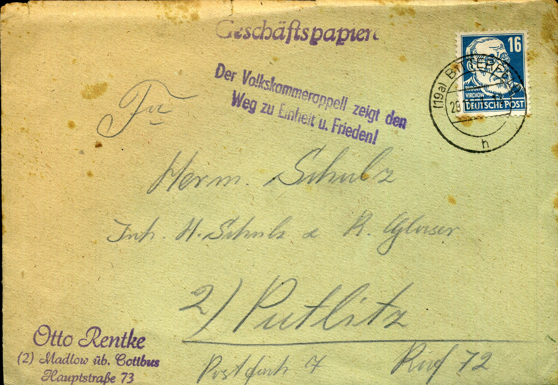Der Volkskammerappell zeigt den Weg zu Einheit u. Frieden! - Handstempel - violett - Bitterfeld
