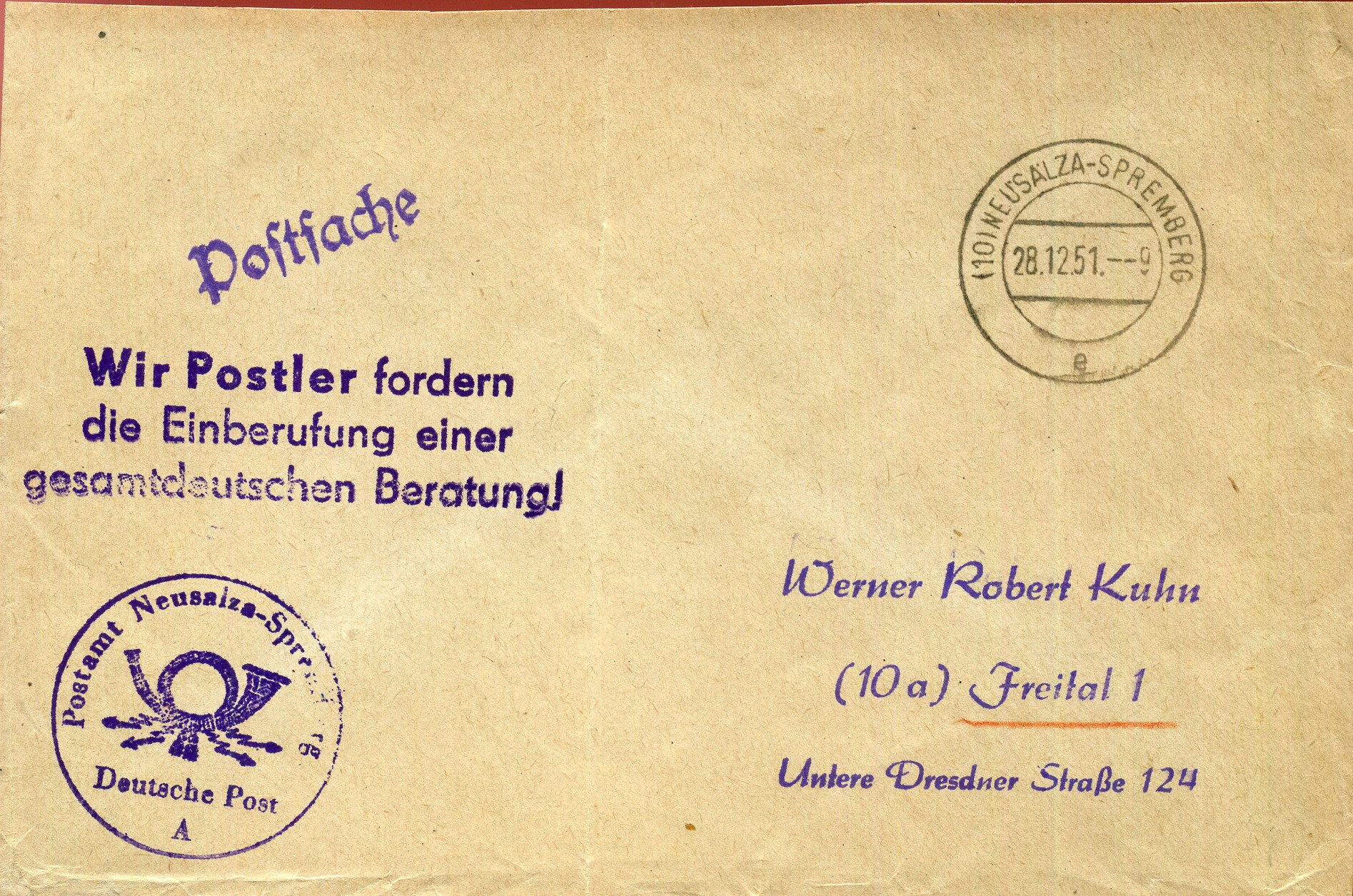 Wir Postler fordern die Einberufung einer gesamtdeutschen Beratung! - Handstempel - violett - Neusälza-Spremberg