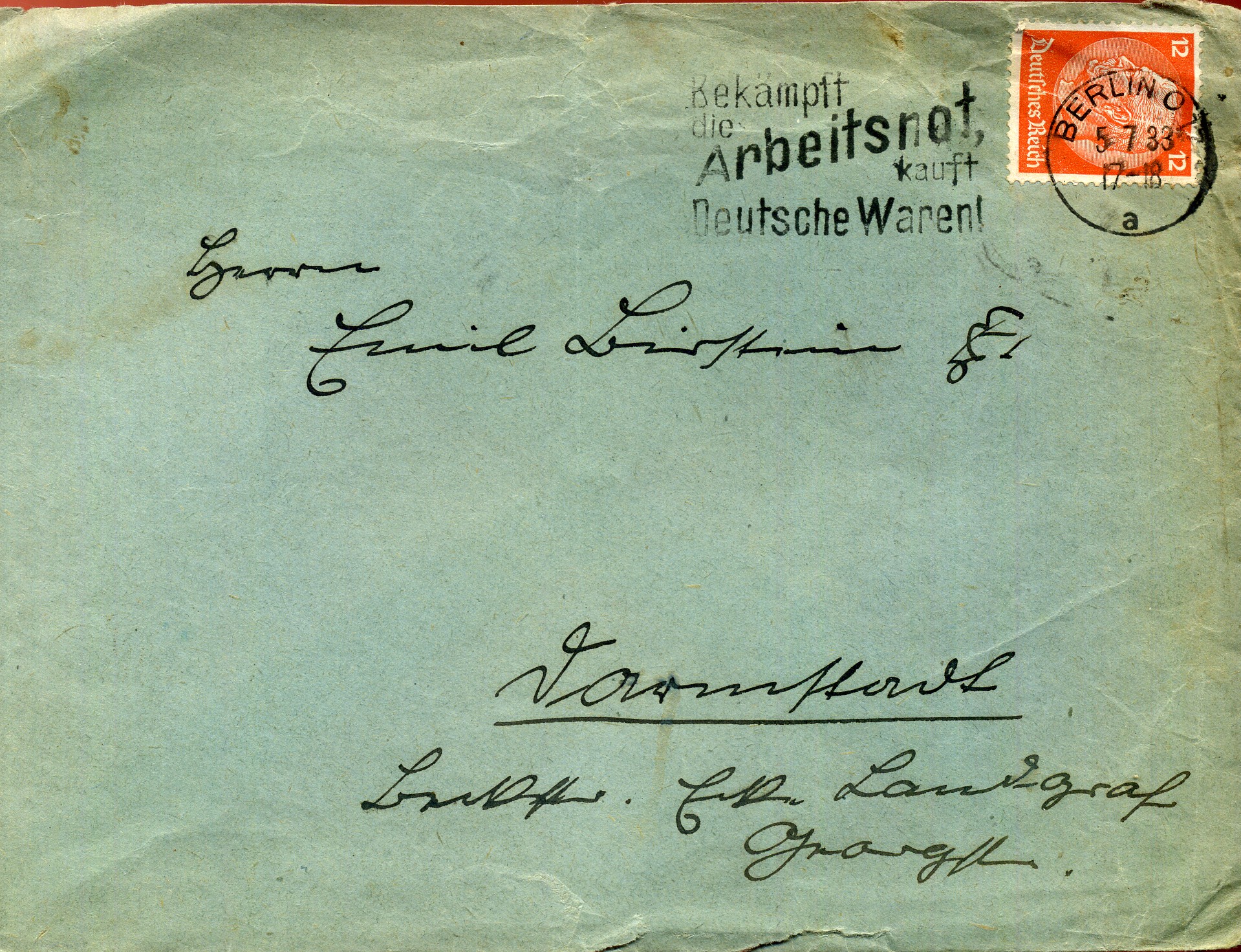 Bekämpft die Arbeitsnot kauft Deutsche Waren! - Maschinenwerbestempel - Berlin O 17