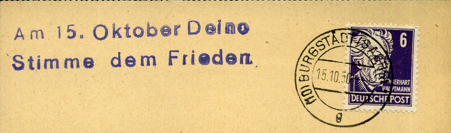 Am 15. Oktober Deine Stimme dem Frieden - Handstempel - violett - Burgstädt