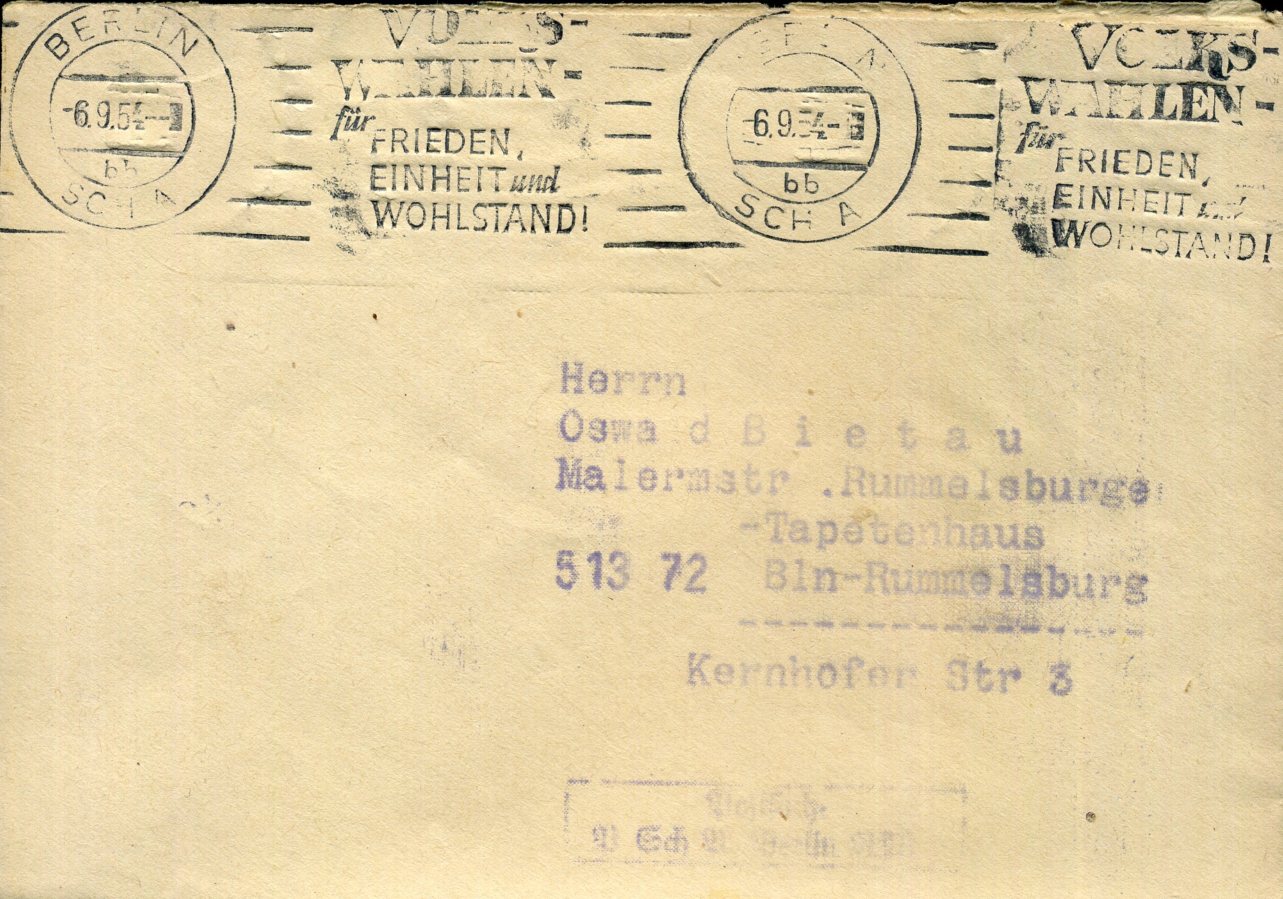 Volkswahlen für Frieden, Einheit und Wohlstand! - Maschinenwerbestempel - Berlin SCHA