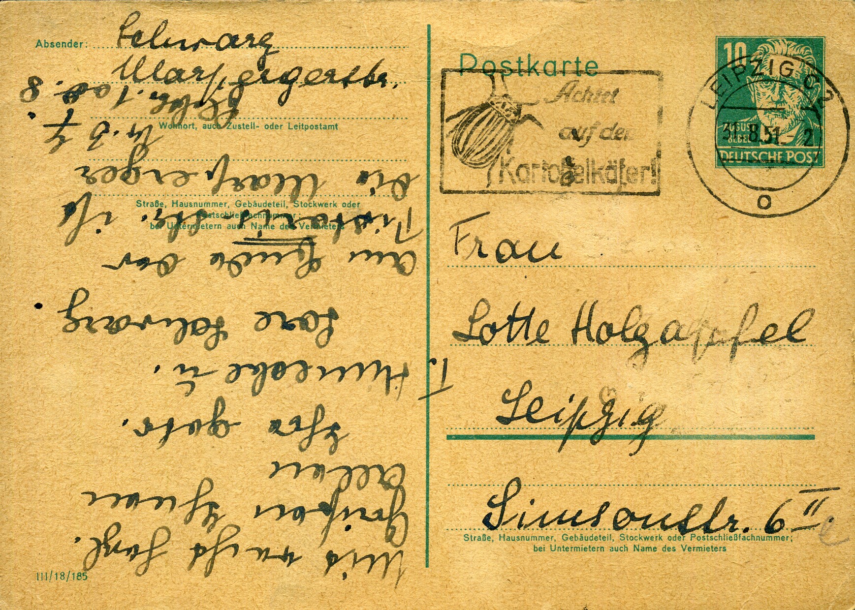 Achtet auf den Kartoffelkäfer! - Maschinenwerbestempel - Leipzig C2